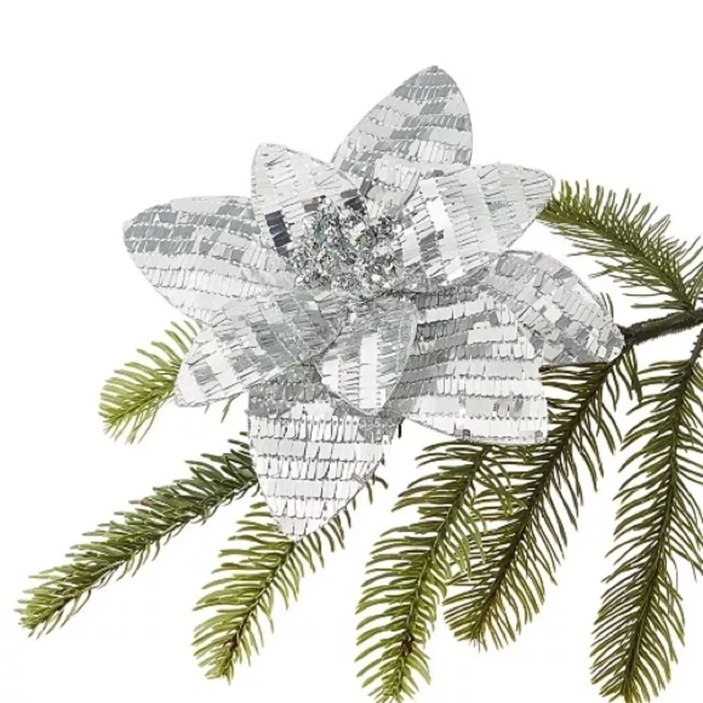 Holiday Lane Crystal Elegance Silver Sequin Flower Clip-On Ornaments Set of 9